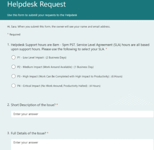 Helpdesk request, Microsoft Form creation